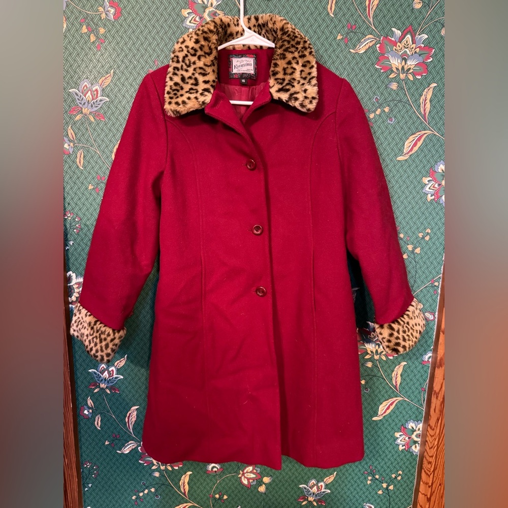 Girls Rothschild Vintage Red Wool Blend Coat with Leopard Faux Fur Trim